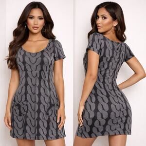 En Focus Petite Midi Dress Womens 10P Black Gray Print Cap Sleeve Inverted Pleat